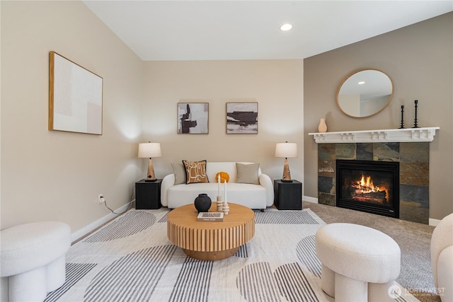 27677 256th Pl SE, Maple Valley, WA 98038 - living area featuring a tile fireplace, baseboards, carpet floors, and recessed lighting