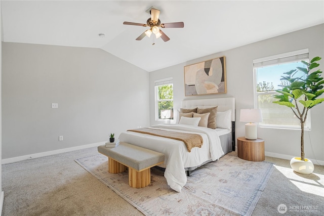 27677 256th Pl SE, Maple Valley, WA 98038 - bedroom featuring lofted ceiling, baseboards, light carpet, and ceiling fan