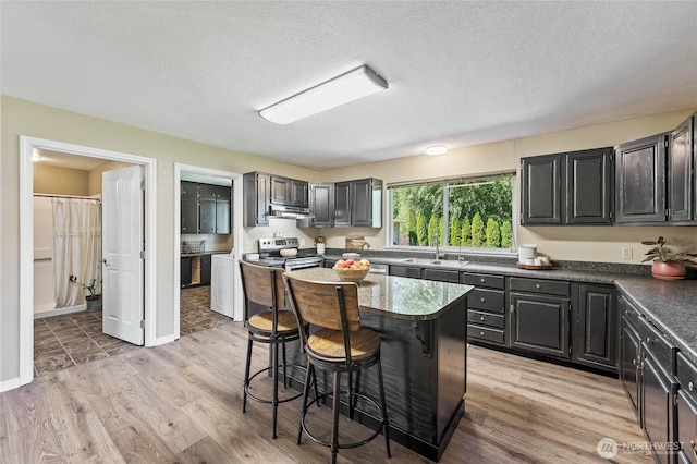 5110 Regan Rd, Cashmere, WA 98815 - kitchen with a breakfast bar, a sink, electric range, under cabinet range hood, and a center island