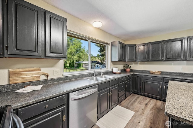 5110 Regan Rd, Cashmere, WA 98815 - kitchen with dishwasher, a sink, light wood-style floors, range, and dark cabinetry