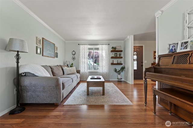 7690 Mcdougall Ave NE, Moses Lake, WA 98837 - living area with ornamental molding, dark wood finished floors, and baseboards