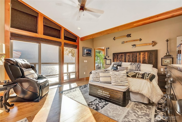 76 Thompson Point Rd, Port Angeles, WA 98363 - bedroom with wood finished floors, access to outside, lofted ceiling, and a ceiling fan