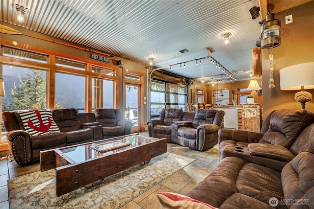 76 Thompson Point Rd, Port Angeles, WA 98363 - living room featuring stone tile flooring and track lighting