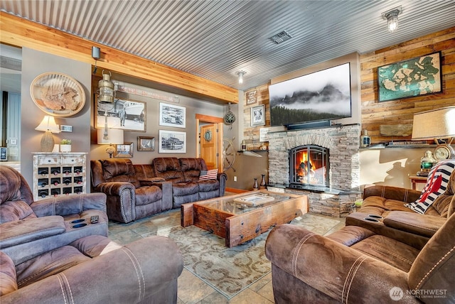 76 Thompson Point Rd, Port Angeles, WA 98363 - living area with a stone fireplace