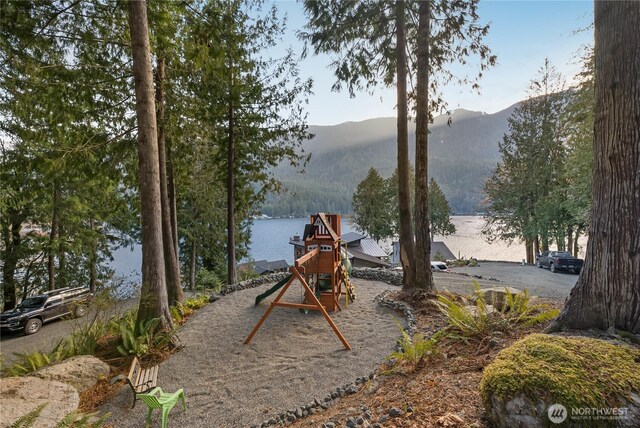 76 Thompson Point Rd, Port Angeles, WA 98363 - view of jungle gym featuring a water and mountain view