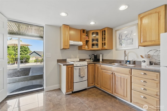 37401 Olympic View Rd NE, Hansville, WA 98340 - kitchen featuring white appliances, under cabinet range hood, a sink, dark countertops, and glass insert cabinets