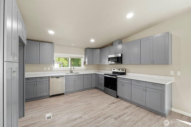20119 120th Ave E, Graham, WA 98338 - kitchen featuring stainless steel appliances, gray cabinetry, a sink, light wood-style flooring, and vaulted ceiling