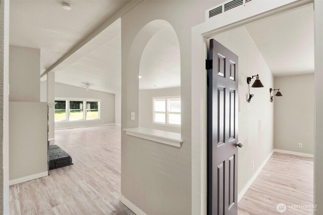 20119 120th Ave E, Graham, WA 98338 - hallway featuring healthy amount of natural light, arched walkways, light wood-style flooring, and vaulted ceiling