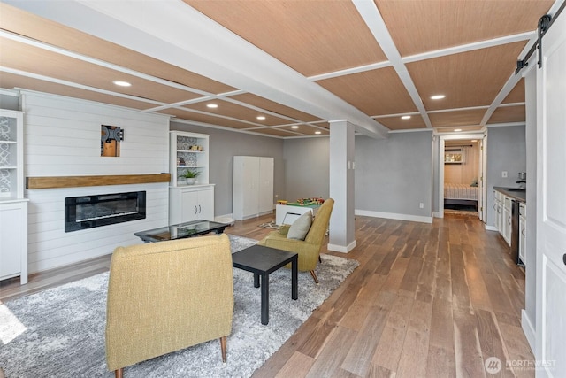 1598 Tedford St SE, East Wenatchee, WA 98802 - living room with wood-type flooring, a glass covered fireplace, recessed lighting, coffered ceiling, and wooden ceiling