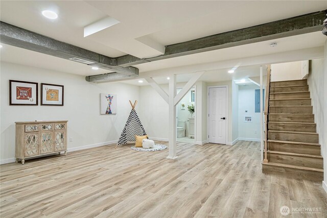 2874 30th Ave W, Seattle, WA 99819 - finished below grade area featuring stairway, light wood-style flooring, and recessed lighting