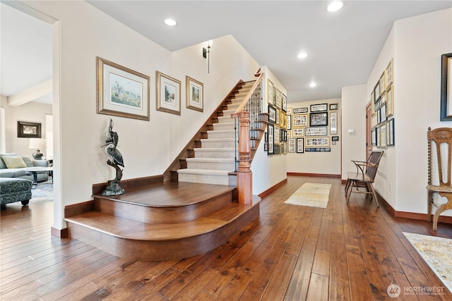 127 Bella Ln, Manson, WA 98831 - foyer featuring dark wood-type flooring, stairway, baseboards, and recessed lighting