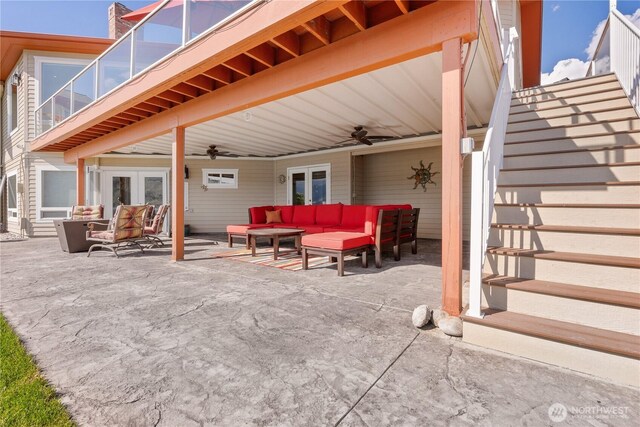 127 Bella Ln, Manson, WA 98831 - view of patio / terrace featuring an outdoor hangout area, french doors, and a ceiling fan
