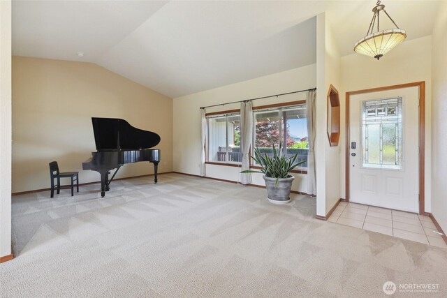 13820 Logez Ct SW, Olympia, WA 98512 - carpeted entryway featuring lofted ceiling, plenty of natural light, baseboards, and tile patterned flooring