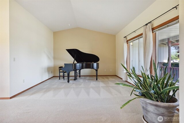 13820 Logez Ct SW, Olympia, WA 98512 - living area featuring carpet, vaulted ceiling, and baseboards