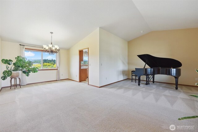 13820 Logez Ct SW, Olympia, WA 98512 - sitting room featuring vaulted ceiling, a chandelier, baseboards, and carpet