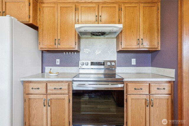 13820 Logez Ct SW, Olympia, WA 98512 - kitchen with stainless steel range with electric stovetop, exhaust hood, freestanding refrigerator, and light countertops