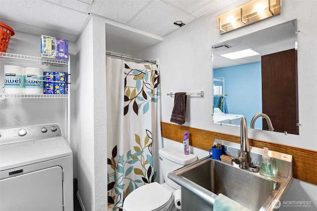 4119 Big Beef Xing NW, Bremerton, WA 98312 - bathroom featuring washer / dryer, a drop ceiling, and a shower with curtain