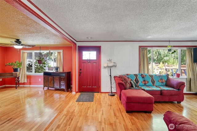 6965E E E, Tacoma, WA 98404 - living room with a textured ceiling, healthy amount of natural light, wood finished floors, crown molding, and baseboards