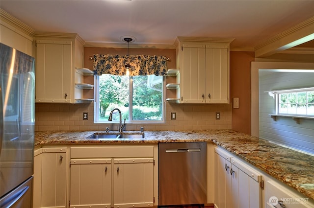 26025 Tronson Rd, Arlington, WA 98223 - kitchen featuring stainless steel appliances, open shelves, a sink, tasteful backsplash, and crown molding