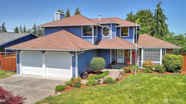 1931 237th St SE, Bothell, WA 98021 - traditional-style home featuring a garage, a chimney, concrete driveway, roof with shingles, and covered porch