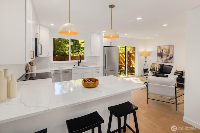 5613 43rd Ave NE, Seattle, WA 98105 - kitchen featuring stainless steel appliances, a sink, a peninsula, plenty of natural light, and recessed lighting