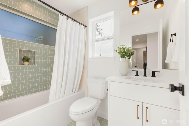 5613 43rd Ave NE, Seattle, WA 98105 - bathroom with vanity, toilet, shower / bath combo, and tile patterned flooring