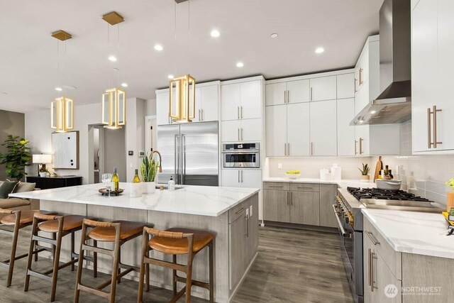 215 8th Ave W, Kirkland, WA 98033 - kitchen featuring high quality appliances, wall chimney exhaust hood, an island with sink, dark wood-style flooring, and a sink