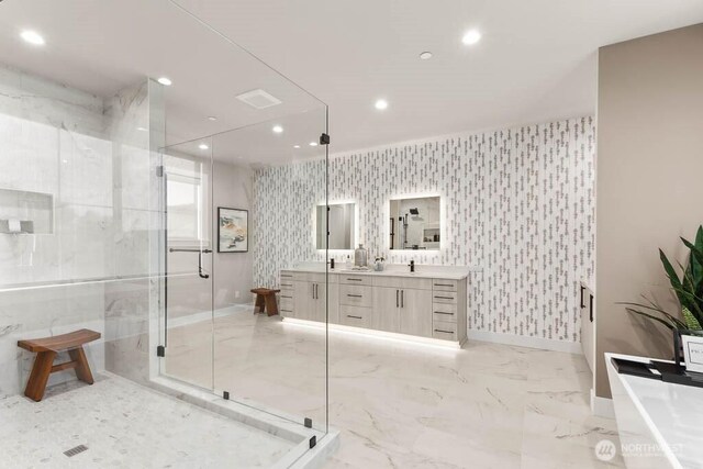 215 8th Ave W, Kirkland, WA 98033 - bathroom featuring double vanity, baseboards, a marble finish shower, recessed lighting, and marble finish flooring