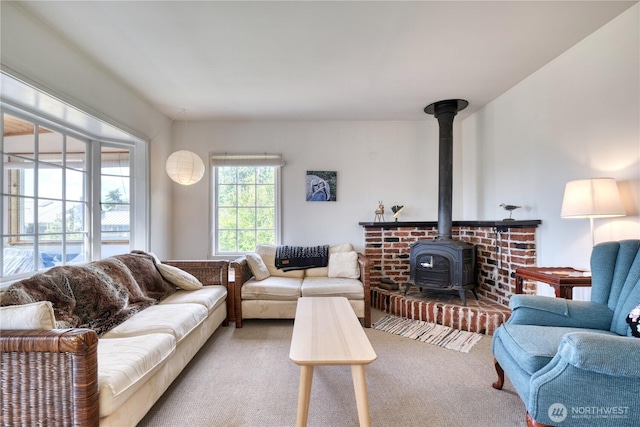 669 Marine Dr, Point Roberts, WA 98281 - carpeted living area featuring a wood stove