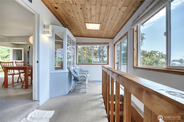 669 Marine Dr, Point Roberts, WA 98281 - hallway with carpet floors, healthy amount of natural light, wooden ceiling, and vaulted ceiling