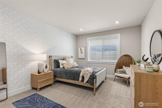 203 8th Ave W, Kirkland, WA 98033 - bedroom featuring light carpet, wallpapered walls, baseboards, and recessed lighting