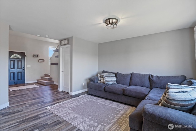 16574 Greenleaf Ave SE, Yelm, WA 98597 - living room featuring wood finished floors, baseboards, and stairway