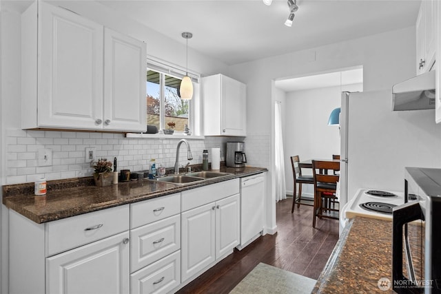 2838 SW 106th St, Seattle, WA 98146 - kitchen with white appliances, range hood, dark wood-type flooring, and white cabinetry