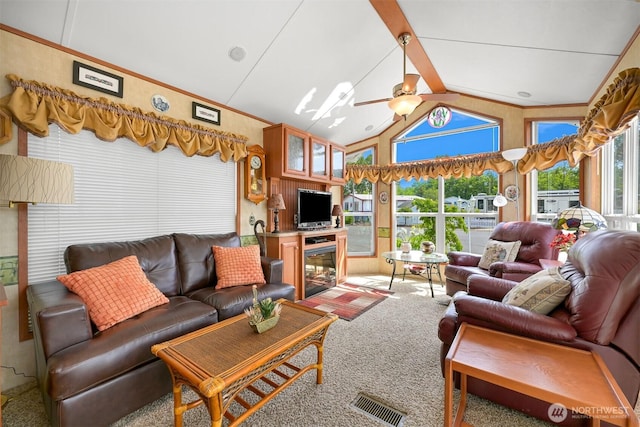 4751 Birch Bay Lynden Rd Unit 32, Blaine, WA 98230 - carpeted living area with ceiling fan, high vaulted ceiling, and beamed ceiling