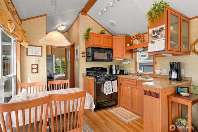 4751 Birch Bay Lynden Rd Unit 32, Blaine, WA 98230 - kitchen with black appliances, vaulted ceiling, light wood-type flooring, light countertops, and a sink