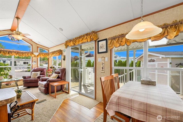4751 Birch Bay Lynden Rd Unit 32, Blaine, WA 98230 - sunroom / solarium featuring wood finished floors, a ceiling fan, healthy amount of natural light, and vaulted ceiling