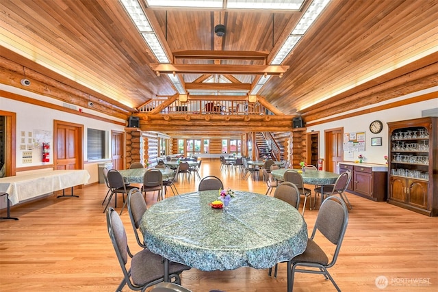 4751 Birch Bay Lynden Rd Unit 32, Blaine, WA 98230 - dining area with wood ceiling, rustic walls, light wood-type flooring, and stairs
