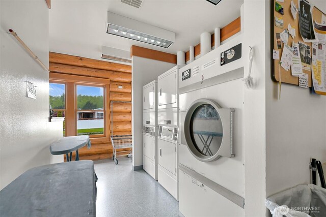 4751 Birch Bay Lynden Rd Unit 32, Blaine, WA 98230 - communal laundry room featuring log walls, estacked washer and dryer, and washer and clothes dryer