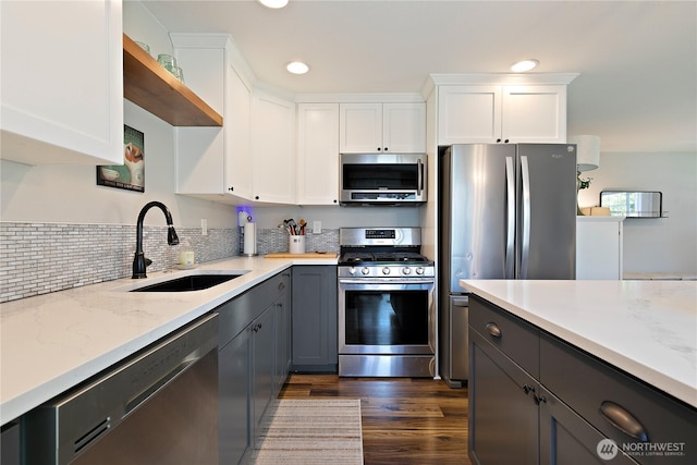 513 I St SW, Tumwater, WA 98512 - kitchen featuring stainless steel appliances, a sink, open shelves, white cabinetry, and gray cabinetry