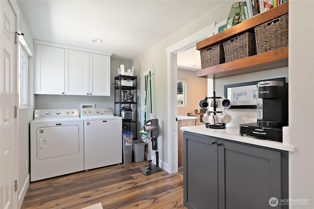 513 I St SW, Tumwater, WA 98512 - laundry room featuring washer and dryer, dark wood-style flooring, plenty of natural light, and cabinet space