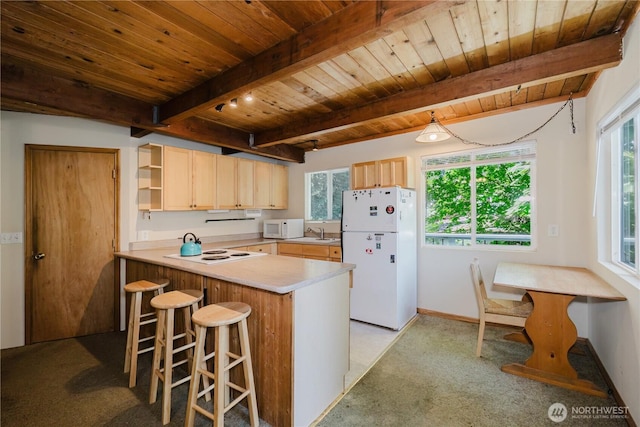 4662 SE Inwood Ln, Port Orchard, WA 98367 - kitchen with white appliances, wooden ceiling with exposed beams, a peninsula, a sink, and open shelves
