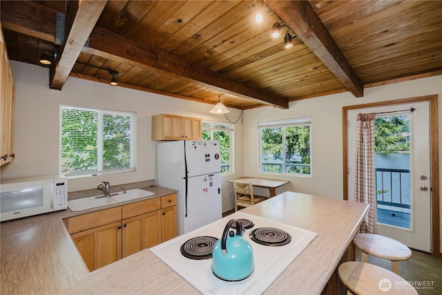 4662 SE Inwood Ln, Port Orchard, WA 98367 - kitchen with white appliances, a sink, wood ceiling with exposed beams, healthy amount of natural light, and light brown cabinetry