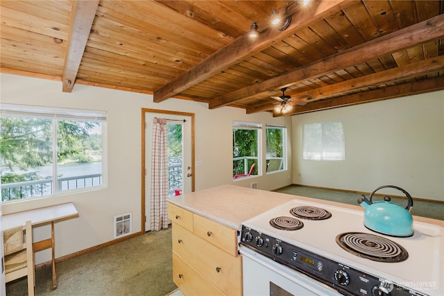 4662 SE Inwood Ln, Port Orchard, WA 98367 - kitchen with electric stove, light carpet, wooden ceiling with exposed beams, baseboards, and ceiling fan