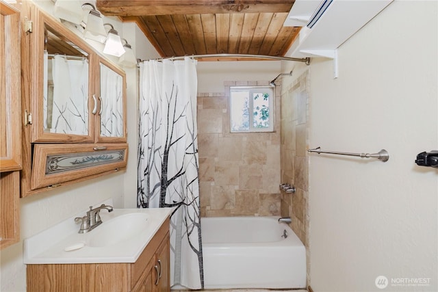 4662 SE Inwood Ln, Port Orchard, WA 98367 - bathroom featuring vanity, shower / bath combo with shower curtain, and wood ceiling