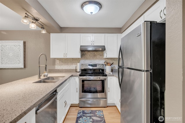 4231 NE 5th St Unit E101, Renton, WA 98059 - kitchen featuring stainless steel appliances, under cabinet range hood, light wood-style flooring, backsplash, and white cabinetry