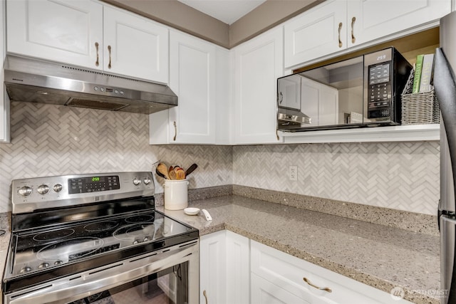 4231 NE 5th St Unit E101, Renton, WA 98059 - kitchen featuring stainless steel range with electric cooktop, under cabinet range hood, white cabinetry, backsplash, and light stone countertops