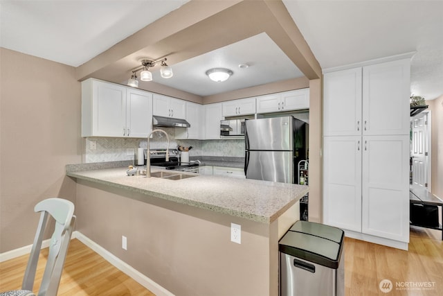 4231 NE 5th St Unit E101, Renton, WA 98059 - kitchen featuring under cabinet range hood, backsplash, light wood-type flooring, and a peninsula