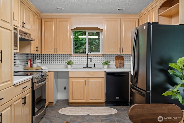 4562 SE Burley Olalla Rd, Olalla, WA 98359 - kitchen with black appliances, light brown cabinetry, a sink, light countertops, and a textured ceiling