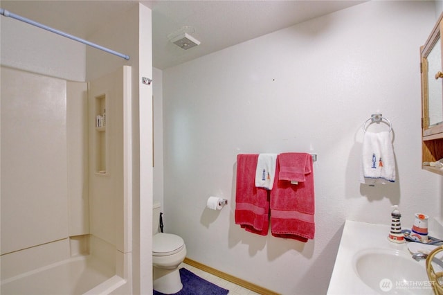 17147 Hope Island Ln, La Conner, WA 98257 - bathroom with toilet, washtub / shower combination, vanity, tile patterned floors, and baseboards