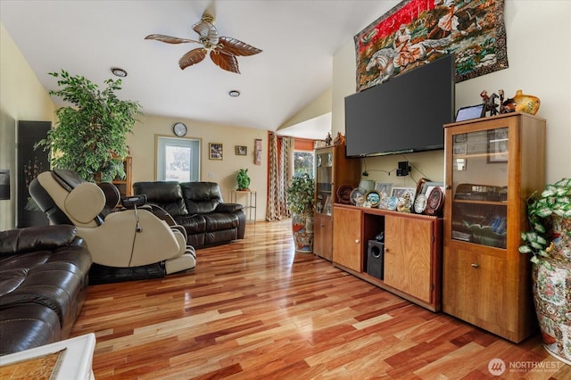 1440 Allyn Ln, Oak Harbor, WA 98277 - living room featuring vaulted ceiling, ceiling fan, and light wood-style floors